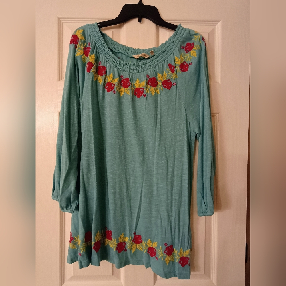 Soft Surroundings Dream Trip Floral Embroidered Teal Women's Top Size PL